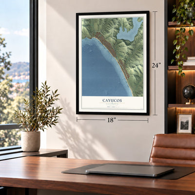 Cayucos, California map, 18 x 24 inch print in a black frame in a home office