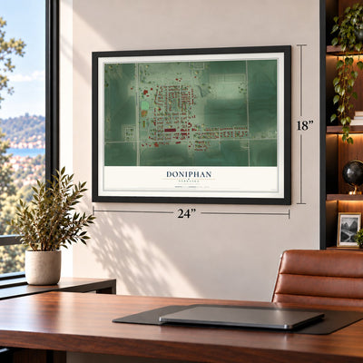 Doniphan, Nebraska map, 18 x 24 inch print in a black frame in a home office