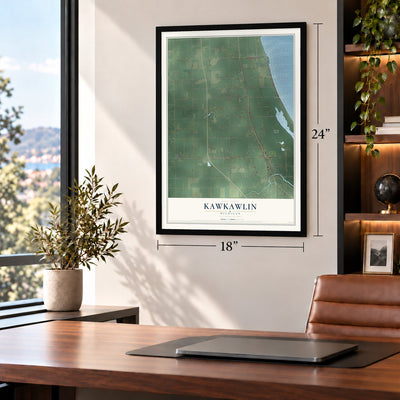 Kawkawlin, Michigan map, 18 x 24 inch print in a black frame in a home office