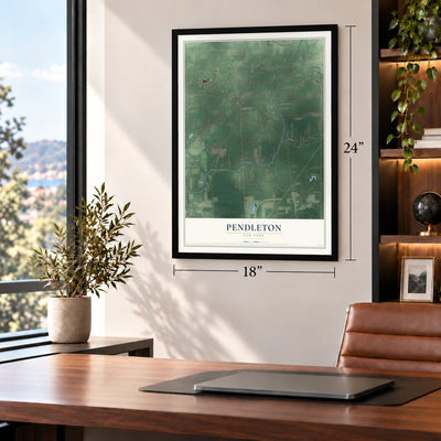 Pendleton, New York map, 18 x 24 inch print in a black frame in a home office