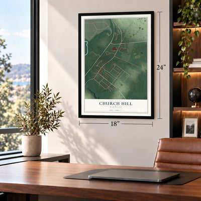 Church Hill, Maryland map, 18 x 24 inch print in a black frame in a home office