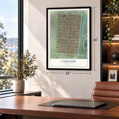 Lakeview, Louisiana map, 18 x 24 inch print in a black frame in a home office