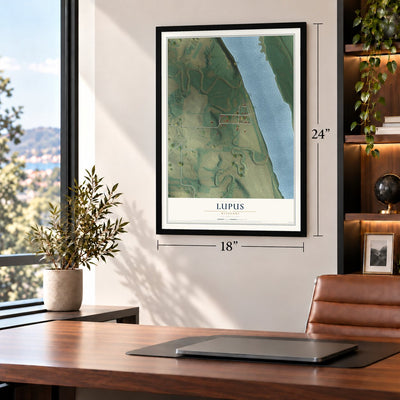 Lupus, Missouri map, 18 x 24 inch print in a black frame in a home office