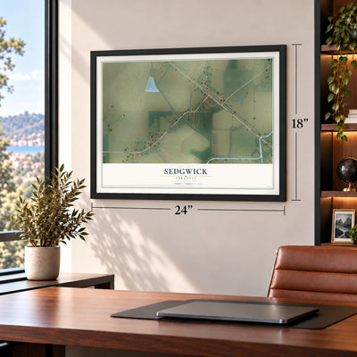 Sedgwick, Arkansas map, 18 x 24 inch print in a black frame in a home office