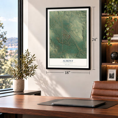 Almont, North Dakota map, 18 x 24 inch print in a black frame in a home office