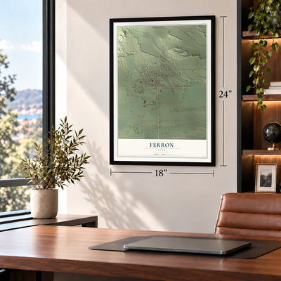 Ferron, Utah map, 18 x 24 inch print in a black frame in a home office