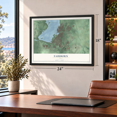 Fairborn, Ohio map, 18 x 24 inch print in a black frame in a home office
