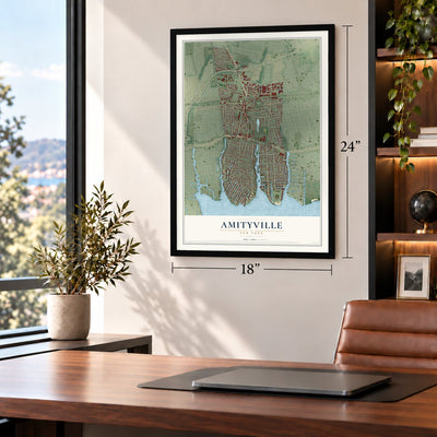 Amityville, New York map, 18 x 24 inch print in a black frame in a home office