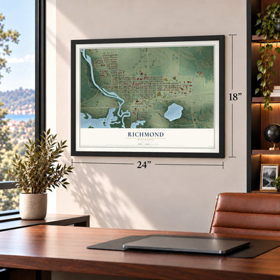 Richmond, Minnesota map, 18 x 24 inch print in a black frame in a home office