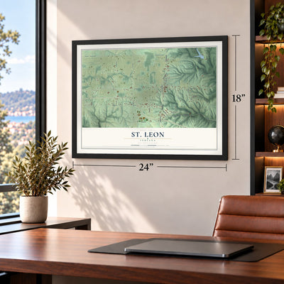 St. Leon, Indiana map, 18 x 24 inch print in a black frame in a home office