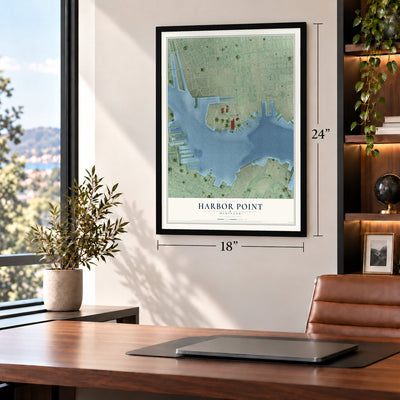 Harbor Point, Maryland map, 18 x 24 inch print in a black frame in a home office