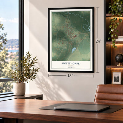 Oglethorpe, Georgia map, 18 x 24 inch print in a black frame in a home office