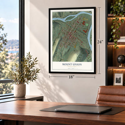 Mount Union, Pennsylvania map, 18 x 24 inch print in a black frame in a home office