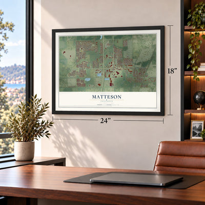 Matteson, Illinois map, 18 x 24 inch print in a black frame in a home office