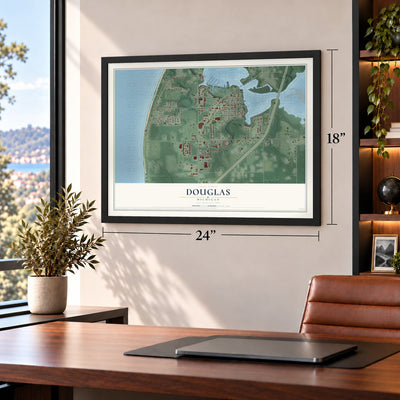 Douglas, Michigan map, 18 x 24 inch print in a black frame in a home office