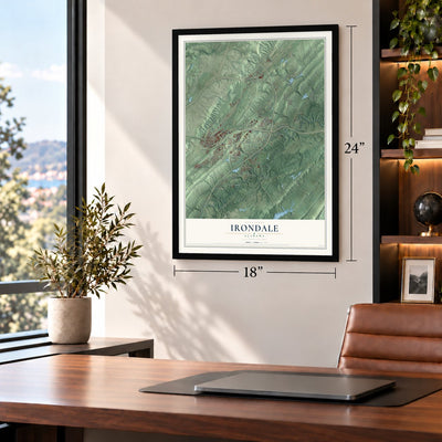 Irondale, Alabama map, 18 x 24 inch print in a black frame in a home office