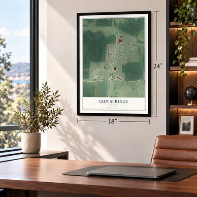 Gum Springs, Arkansas map, 18 x 24 inch print in a black frame in a home office