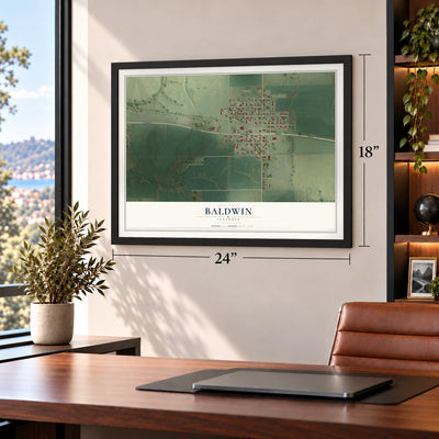 Baldwin, Illinois map, 18 x 24 inch print in a black frame in a home office