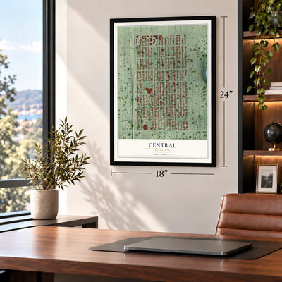 Central, Minnesota map, 18 x 24 inch print in a black frame in a home office