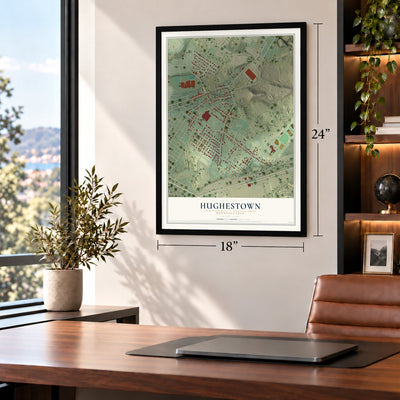 Hughestown, Pennsylvania map, 18 x 24 inch print in a black frame in a home office