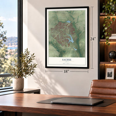 Sachse, Texas map, 18 x 24 inch print in a black frame in a home office