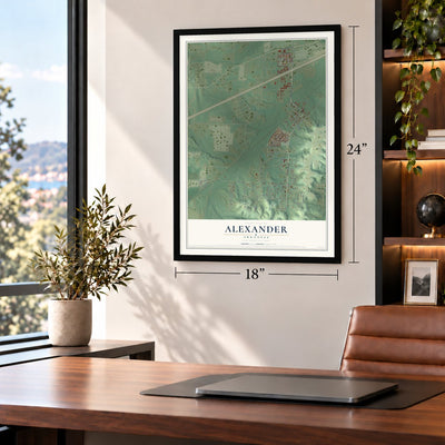 Alexander, Arkansas map, 18 x 24 inch print in a black frame in a home office