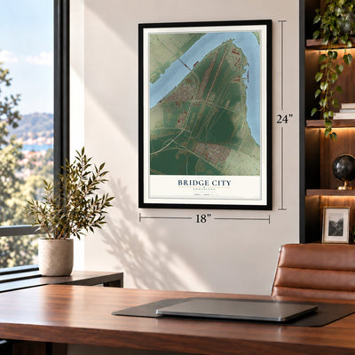 Bridge City, Louisiana map, 18 x 24 inch print in a black frame in a home office