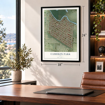 Cameron Park, Texas map, 18 x 24 inch print in a black frame in a home office