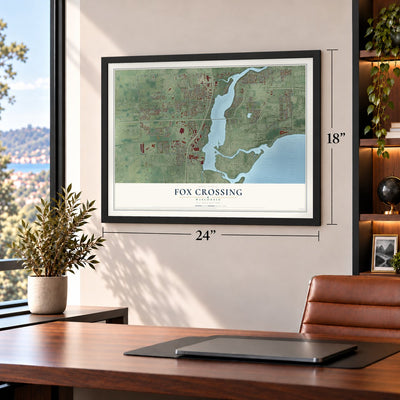 Fox Crossing, Wisconsin map, 18 x 24 inch print in a black frame in a home office