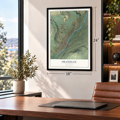 Okanogan, Washington map, 18 x 24 inch print in a black frame in a home office