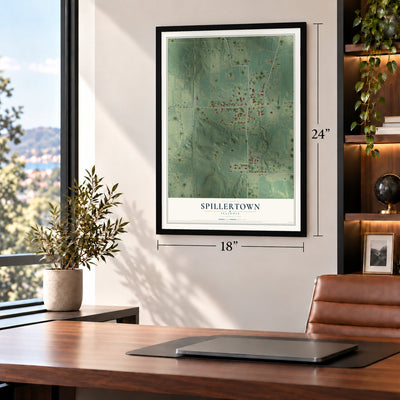 Spillertown, Illinois map, 18 x 24 inch print in a black frame in a home office