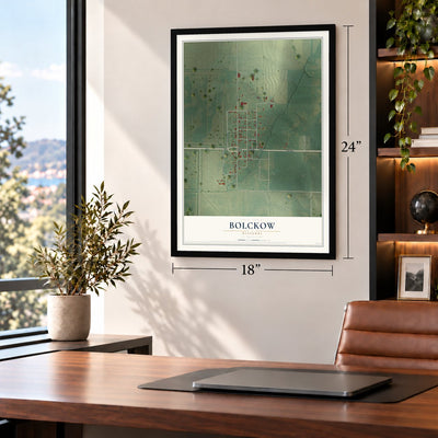 Bolckow, Missouri map, 18 x 24 inch print in a black frame in a home office