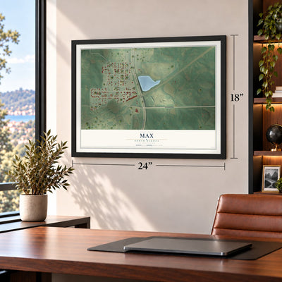 Max, North Dakota map, 18 x 24 inch print in a black frame in a home office