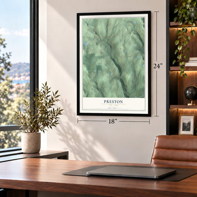 Preston, New York map, 18 x 24 inch print in a black frame in a home office