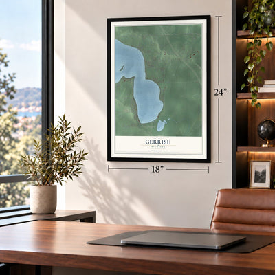 Gerrish, Michigan map, 18 x 24 inch print in a black frame in a home office