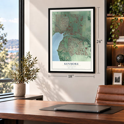 Kenmore, Washington map, 18 x 24 inch print in a black frame in a home office