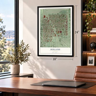 Holland, Minneapolis, Minnesota map, 18 x 24 inch print in a black frame in a home office