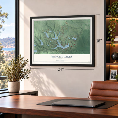 Prince's Lakes, Indiana map, 18 x 24 inch print in a black frame in a home office