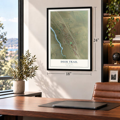 Deer Trail, Colorado map, 18 x 24 inch print in a black frame in a home office
