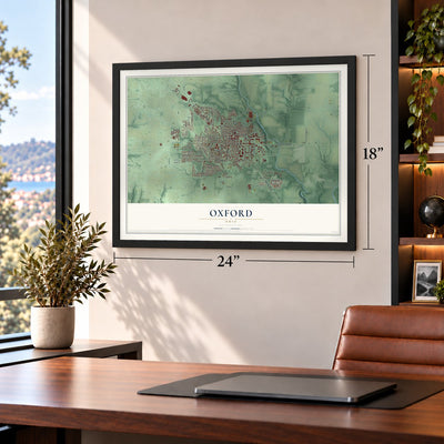 Oxford, Ohio map, 18 x 24 inch print in a black frame in a home office
