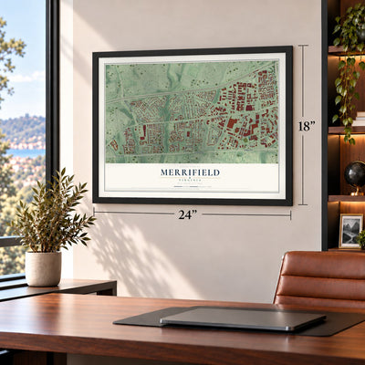 Merrifield, Virginia map, 18 x 24 inch print in a black frame in a home office