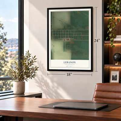 Lebanon, South Dakota map, 18 x 24 inch print in a black frame in a home office