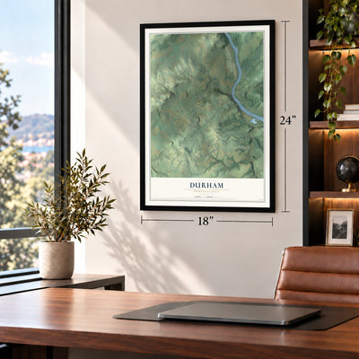 Durham, Pennsylvania map, 18 x 24 inch print in a black frame in a home office