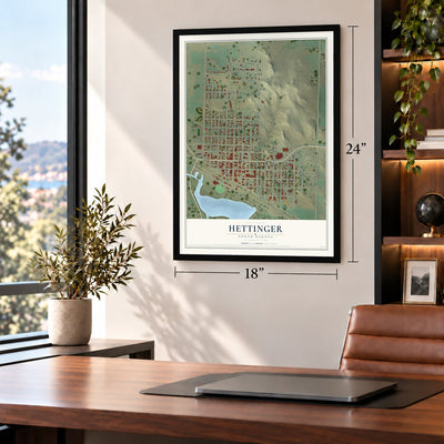 Hettinger, North Dakota map, 18 x 24 inch print in a black frame in a home office