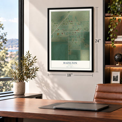Hazelton, Kansas map, 18 x 24 inch print in a black frame in a home office