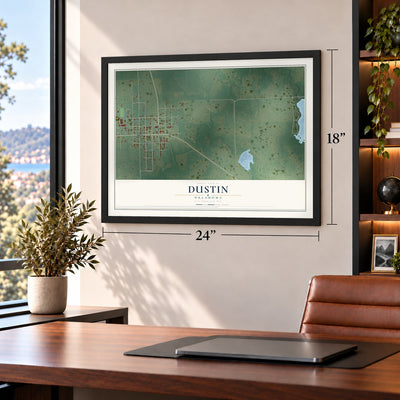 Dustin, Oklahoma map, 18 x 24 inch print in a black frame in a home office