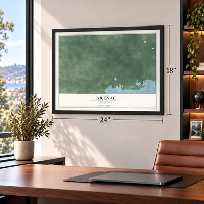 Arenac, Michigan map, 18 x 24 inch print in a black frame in a home office