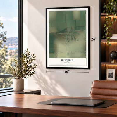 Hartman, Colorado map, 18 x 24 inch print in a black frame in a home office