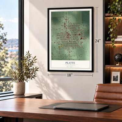 Platte, South Dakota map, 18 x 24 inch print in a black frame in a home office