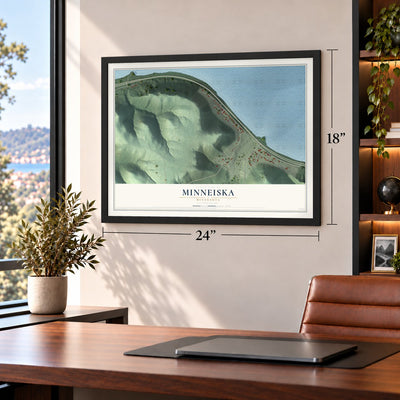 Minneiska, Minnesota map, 18 x 24 inch print in a black frame in a home office